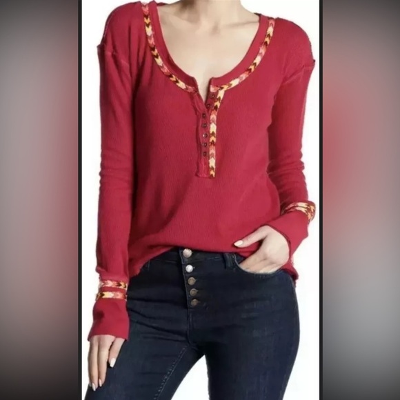 Free People We The Free Rainbow Thermal Henley Shirt Sz M Pink Long Sleeve $68. - Picture 1 of 8